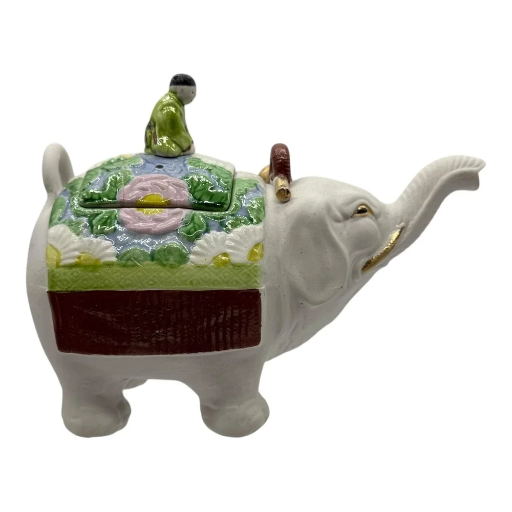 Banko-yaki Japanese Elephant Teapot Figurine Man Riding Elephant Vintage